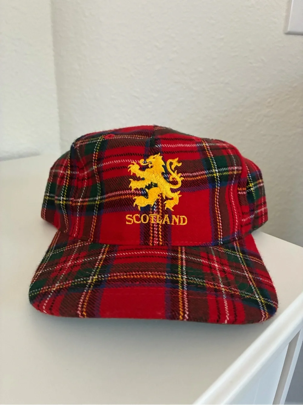 Rare Vintage Scotland Red Tartan Kids Cap with Embroidered Lion